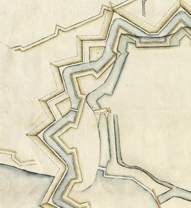 Udsnit af kort over Københavns fæstningsværker fra ca. 1660, der viser en dæmning med sluse lidt syd for de fundne pæle.