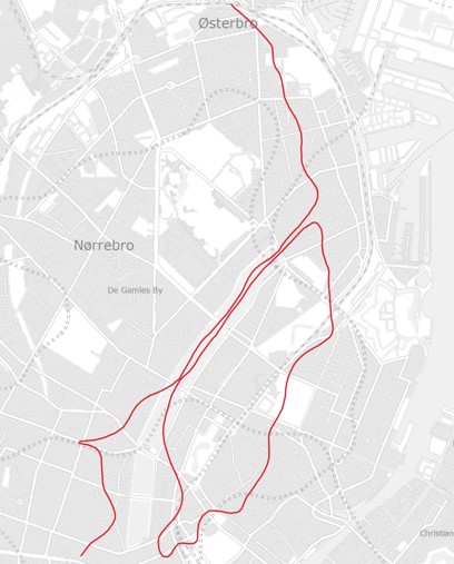 Illustration der med en rød streg viser stenalderkystlinjen i København.