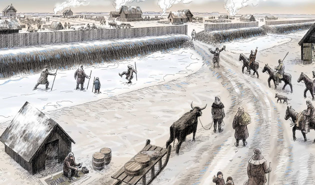 Illustration af det hesteskoformede voldanlæg i hjertet af det tidligste København. Tegning: Nis Nielsen, Slots- og Kulturstyrelsen.
