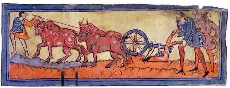 lllustration af pløjning med hjulplov og såning. Kilde: Pierluigi De Vecchi, 1999.