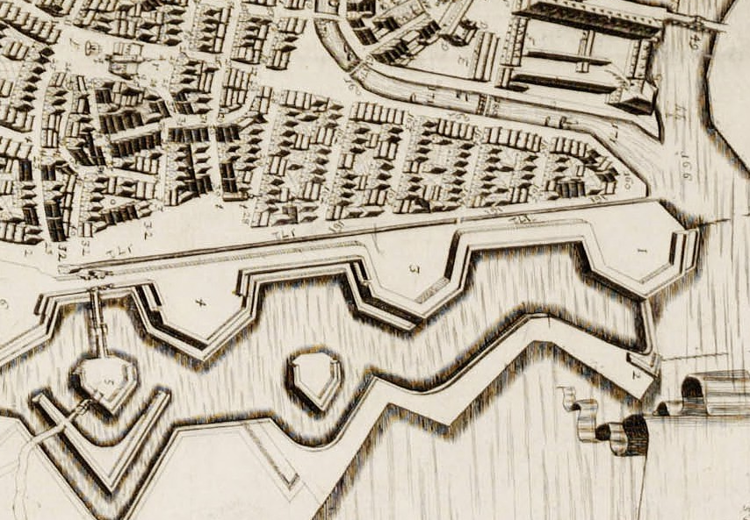 Udsnit af Resens kort over København fra 1674, hvor man ser vandmøllen og møllerendens forløb langs indersiden af bastionerne.