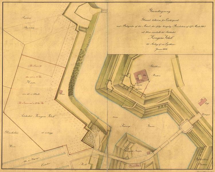 Kort med Schacks Bastion fra 1846. Syd for bastionen ses Vesterport og broen over voldgraven.